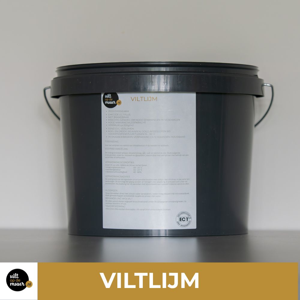Viltlijm voor aanbrengen wolvilt Viltlijm voor het verlijmen van wandbekleding van wolvilt van viltopdemuur.nl
