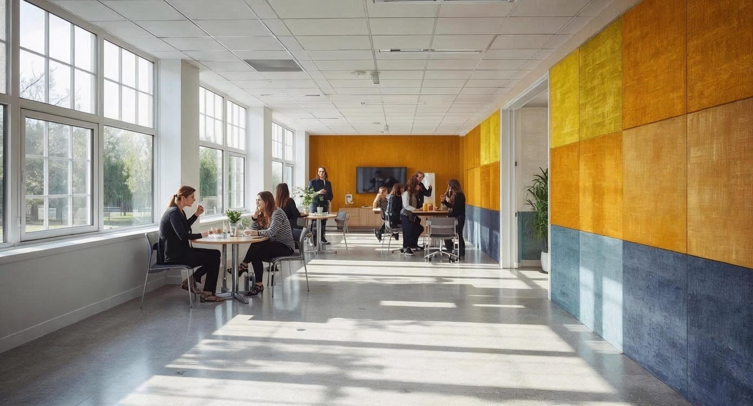 hal in een school met harde materialen en dus is toepassen van wolvilt een must